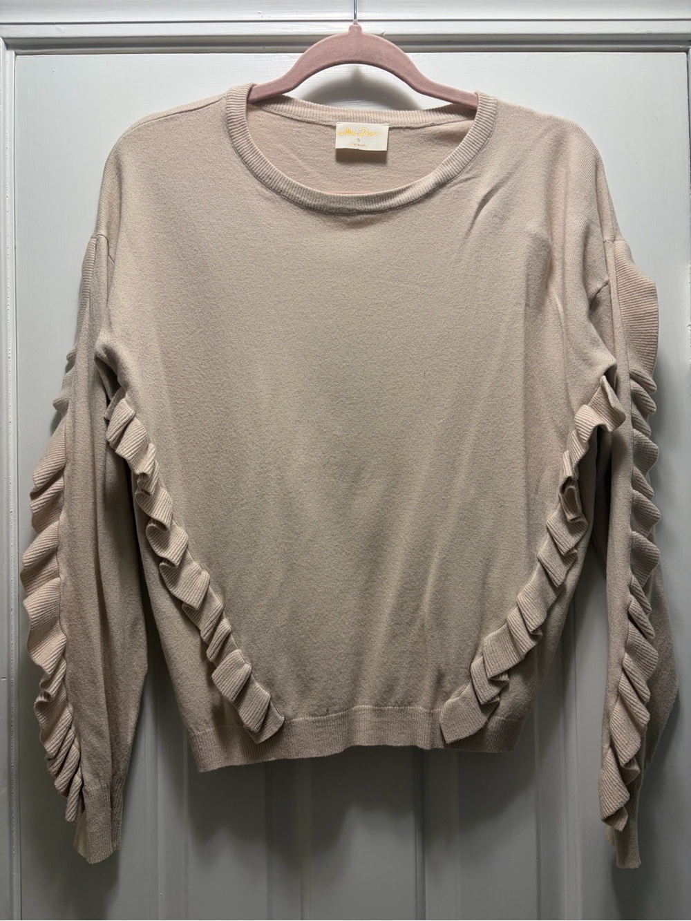 Pale Pink Ruffled Detail Crewneck Sweater - Size Small